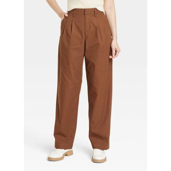 (***) Women's High-Rise Pleat Front Straight Chino Pants - A New Day Brown 8 - Picture 1 of 6